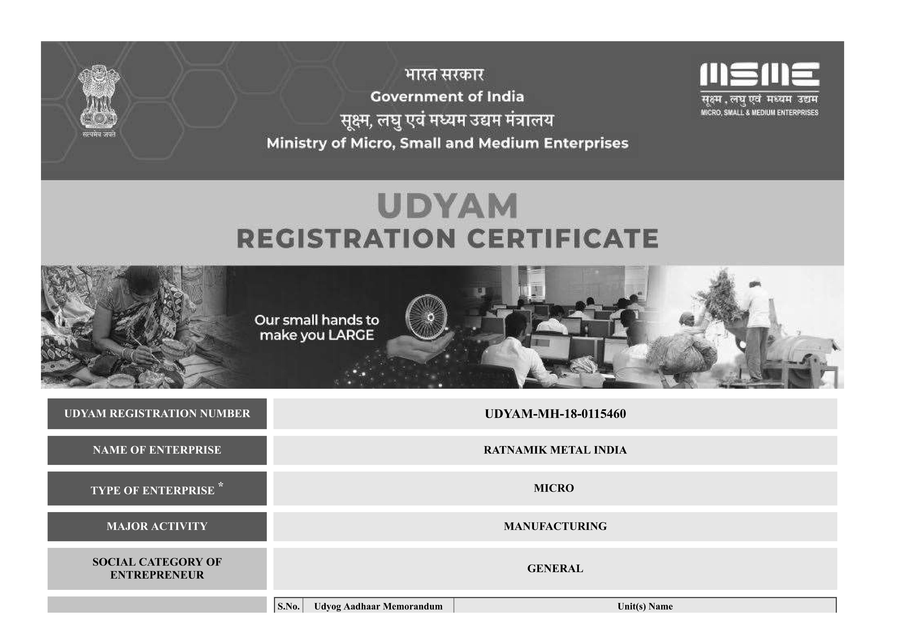 UDYAM Registration Certificate (MSME) Preview